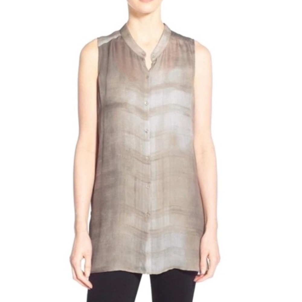 Eileen Fisher 100% Silk Oxidized Printed Silk Georgette Bone Shirt XS